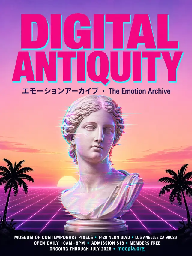 A 3:4 portrait exhibition-catalog cover, vaporwave-meets-modern-museum aesthetic. Background: gradient sunset lilac-to-peach, glowing grid floor receding to horizon. Center: a glitched classical marble bust of Venus with RGB-split and holographic shimmer. Massive bold title 'DIGITAL ANTIQUITY' in magenta with cyan drop shadow. Subtitle 'エモーションアーカイブ · The Emotion Archive'. Exhibition detail block at bottom: 'MUSEUM OF CONTEMPORARY PIXELS · 1428 NEON BLVD · LOS ANGELES CA 90028 · OPEN DAILY 10AM–8PM · ADMISSION $18 · MEMBERS FREE · ONGOING THROUGH JULY 2026 · mocpla.org'. Two small palm-tree silhouettes in lower corners. Every caption legible.