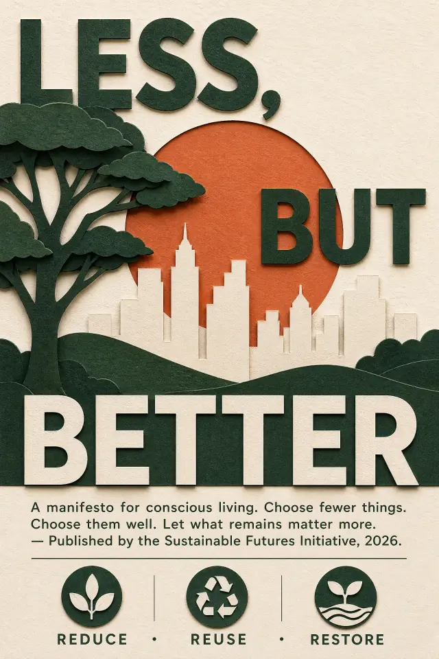 A 2:3 portrait layered paper-cut craft poster, warm natural light with soft shadows between paper layers. Composition: overlapping silhouettes of a tree and a minimalist city skyline cut from rich forest-green and cream cardstock, a rising sun in terracotta orange behind. Large bold modernist slogan wrapping the composition: 'LESS, BUT BETTER'. Smaller justified body paragraph below: 'A manifesto for conscious living. Choose fewer things. Choose them well. Let what remains matter more. — Published by the Sustainable Futures Initiative, 2026.' Bottom row of three small icons with captions: 'REDUCE · REUSE · RESTORE'. Palette: forest green, cream, terracotta, soft white. Visible paper grain texture. All text razor-sharp.