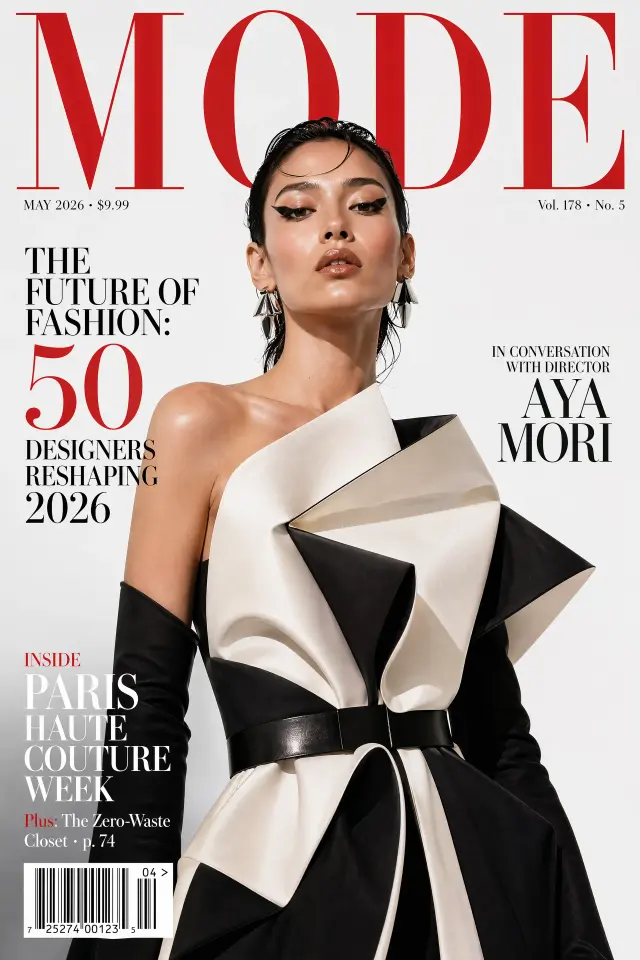 A 2:3 glossy fashion magazine cover, photorealistic. Masthead at top in massive tall red serif: 'MODE'. Dateline 'MAY 2026 · $9.99'. Cover subject: a striking high-fashion model with avant-garde makeup wearing architectural haute-couture, direct confident gaze, studio lighting. Cover lines arranged around the model in varied sizes: large left 'THE FUTURE OF FASHION: 50 DESIGNERS RESHAPING 2026', mid right 'IN CONVERSATION WITH DIRECTOR AYA MORI', bottom left 'INSIDE PARIS HAUTE COUTURE WEEK', tiny teaser 'Plus: The Zero-Waste Closet · p. 74'. Barcode in bottom-left '04 > 7 25274 00123 5'. Issue number top-right 'Vol. 178 · No. 5'. Crisp commercial editorial polish.