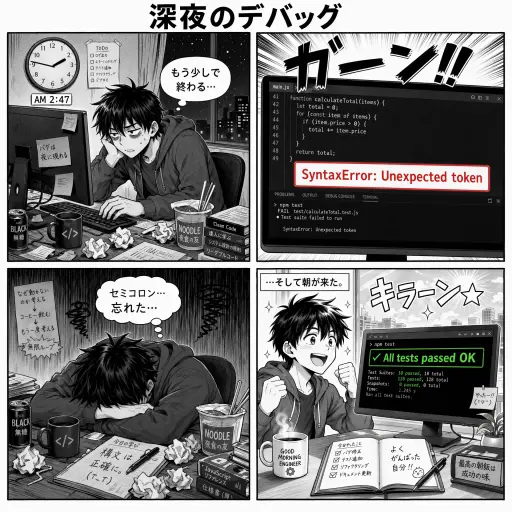 A square 4-panel black-and-white Japanese-style comic strip titled '深夜のデバッグ' (Late Night Debugging). Screentone shading, clean inked lines, uniform panel gutters. Panel 1 top-left: a tired young engineer at a desk, a wall clock shows 2:47 AM, speech bubble in Japanese 'もう少しで終わる…'. Panel 2 top-right: extreme close-up of a monitor showing code with a red error 'SyntaxError: Unexpected token', big sound effect 'ガーン!!' in jagged kana. Panel 3 bottom-left: the character slumped in despair, thought bubble 'セミコロン…忘れた…'. Panel 4 bottom-right: the character smiling, monitor now green 'All tests passed OK', narration box at top '...そして朝が来た。', sound effect 'キラーン☆'. Classic clean comic style, high contrast. All Japanese rendered accurately.