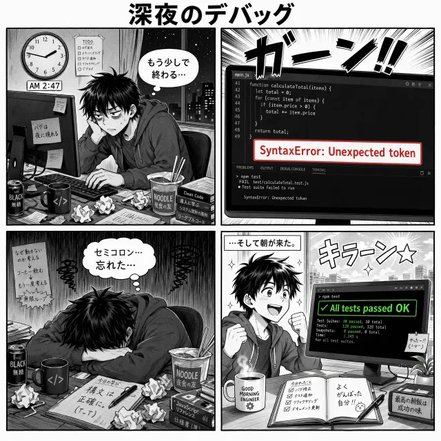 A square 4-panel black-and-white Japanese-style comic strip titled '深夜のデバッグ' (Late Night Debugging). Screentone shading, clean inked lines, uniform panel gutters. Panel 1 top-left: a tired young engineer at a desk, a wall clock shows 2:47 AM, speech bubble in Japanese 'もう少しで終わる…'. Panel 2 top-right: extreme close-up of a monitor showing code with a red error 'SyntaxError: Unexpected token', big sound effect 'ガーン!!' in jagged kana. Panel 3 bottom-left: the character slumped in despair, thought bubble 'セミコロン…忘れた…'. Panel 4 bottom-right: the character smiling, monitor now green 'All tests passed OK', narration box at top '...そして朝が来た。', sound effect 'キラーン☆'. Classic clean comic style, high contrast. All Japanese rendered accurately.