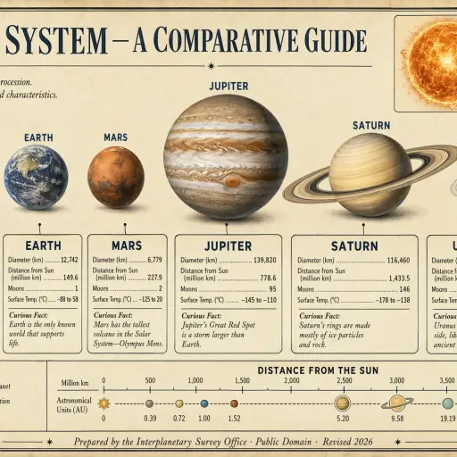 A vintage educational wall-chart infographic titled 'THE SOLAR SYSTEM — A COMPARATIVE GUIDE' at the top in stately serif caps. Eight planets — Mercury, Venus, Earth, Mars, Jupiter, Saturn, Uranus, Neptune — rendered in painterly detail in a horizontal row at approximate relative scale. A labeled callout box below each planet lists: planet name in bold, diameter in km, distance from Sun in million km, number of moons, surface temperature range, one curious fact in italic. Top-right inset: the Sun with its data. Bottom: compact legend, distance ruler, attribution 'Prepared by the Interplanetary Survey Office · Public Domain · Revised 2026'. Aged cream background, thin hairline rules, serif body with sans display headings. Retro aerospace science aesthetic. All numbers and labels perfectly legible.