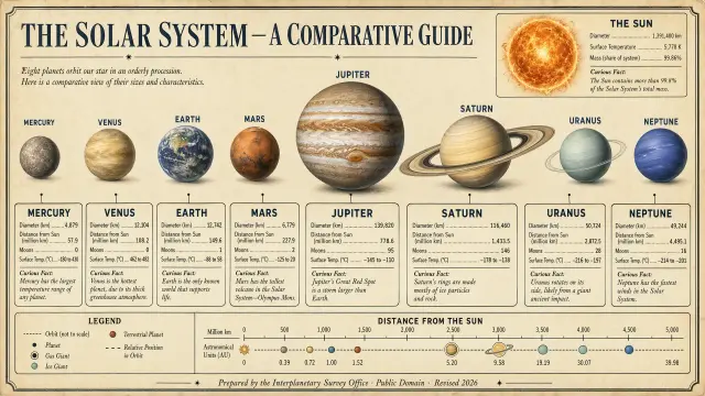 A vintage educational wall-chart infographic titled 'THE SOLAR SYSTEM — A COMPARATIVE GUIDE' at the top in stately serif caps. Eight planets — Mercury, Venus, Earth, Mars, Jupiter, Saturn, Uranus, Neptune — rendered in painterly detail in a horizontal row at approximate relative scale. A labeled callout box below each planet lists: planet name in bold, diameter in km, distance from Sun in million km, number of moons, surface temperature range, one curious fact in italic. Top-right inset: the Sun with its data. Bottom: compact legend, distance ruler, attribution 'Prepared by the Interplanetary Survey Office · Public Domain · Revised 2026'. Aged cream background, thin hairline rules, serif body with sans display headings. Retro aerospace science aesthetic. All numbers and labels perfectly legible.