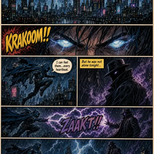 A portrait 6-panel comic book page in a vintage action-adventure style: bold inked outlines, dotted screentone shading, vibrant flat colors. A jagged yellow caption banner at the top reads 'CHAPTER ONE: THE AWAKENING'. Panel 1 wide top: a thunderstorm over a stylized futuristic city skyline, caption box 'METRO CITY — 3:17 AM'. Panel 2: close-up of glowing eyes opening, sound effect 'KRAKOOM!!'. Panel 3: a cloaked hero leaping between rooftops, speech bubble 'I can feel them... every heartbeat.' Panel 4: a mysterious figure in shadow, caption box 'But he was not alone tonight...'. Panel 5: lightning arcing between them, sound effect 'ZAAKT!!'. Panel 6 wide bottom: both facing each other in the rain, narration box 'And so it begins.' Proper speech-balloon tails, hand-drawn sound effects, dynamic panel borders.