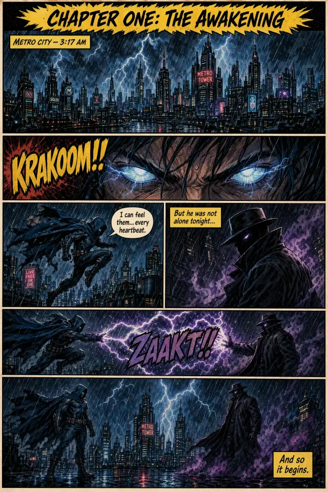 A portrait 6-panel comic book page in a vintage action-adventure style: bold inked outlines, dotted screentone shading, vibrant flat colors. A jagged yellow caption banner at the top reads 'CHAPTER ONE: THE AWAKENING'. Panel 1 wide top: a thunderstorm over a stylized futuristic city skyline, caption box 'METRO CITY — 3:17 AM'. Panel 2: close-up of glowing eyes opening, sound effect 'KRAKOOM!!'. Panel 3: a cloaked hero leaping between rooftops, speech bubble 'I can feel them... every heartbeat.' Panel 4: a mysterious figure in shadow, caption box 'But he was not alone tonight...'. Panel 5: lightning arcing between them, sound effect 'ZAAKT!!'. Panel 6 wide bottom: both facing each other in the rain, narration box 'And so it begins.' Proper speech-balloon tails, hand-drawn sound effects, dynamic panel borders.