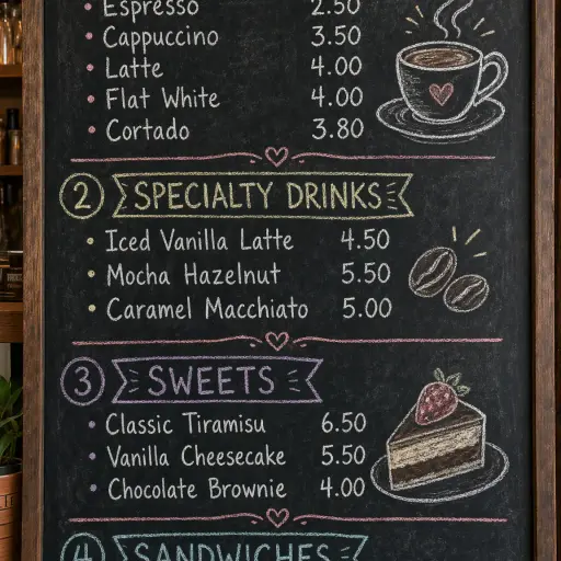 A vertical chalkboard menu in a cozy cafe, shot straight on. White and pastel chalk handwriting on a dark slate board with chalk dust. Header 'LUMINARA CAFE — TODAY'S MENU'. Four sections with headings: ESPRESSO BAR listing Espresso 2.50, Cappuccino 3.50, Latte 4.00, Flat White 4.00, Cortado 3.80. SPECIALTY DRINKS listing Iced Vanilla Latte 4.50, Mocha Hazelnut 5.50, Caramel Macchiato 5.00. SWEETS listing Classic Tiramisu 6.50, Vanilla Cheesecake 5.50, Chocolate Brownie 4.00. SANDWICHES listing Ham and Cheese 8.50, Tomato Mozzarella 7.50, Tuna Melt 8.00. Small chalk doodles of coffee beans, a steaming cup, and a croissant in the margins. Warm, imperfect, human handwritten feel. Every item and price clearly legible.