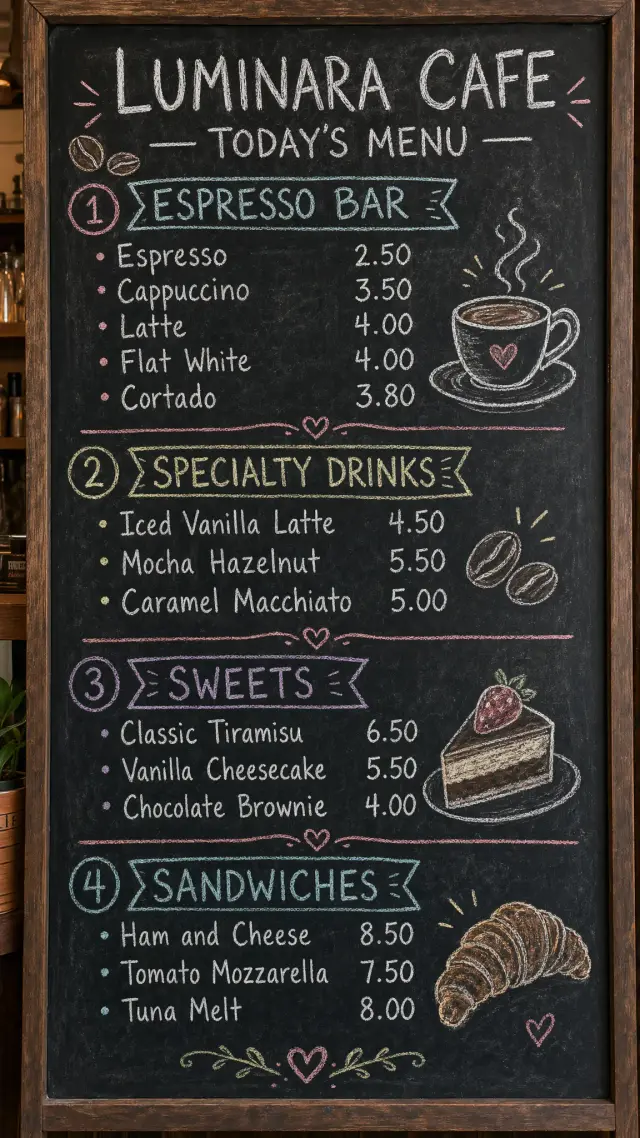 A vertical chalkboard menu in a cozy cafe, shot straight on. White and pastel chalk handwriting on a dark slate board with chalk dust. Header 'LUMINARA CAFE — TODAY'S MENU'. Four sections with headings: ESPRESSO BAR listing Espresso 2.50, Cappuccino 3.50, Latte 4.00, Flat White 4.00, Cortado 3.80. SPECIALTY DRINKS listing Iced Vanilla Latte 4.50, Mocha Hazelnut 5.50, Caramel Macchiato 5.00. SWEETS listing Classic Tiramisu 6.50, Vanilla Cheesecake 5.50, Chocolate Brownie 4.00. SANDWICHES listing Ham and Cheese 8.50, Tomato Mozzarella 7.50, Tuna Melt 8.00. Small chalk doodles of coffee beans, a steaming cup, and a croissant in the margins. Warm, imperfect, human handwritten feel. Every item and price clearly legible.